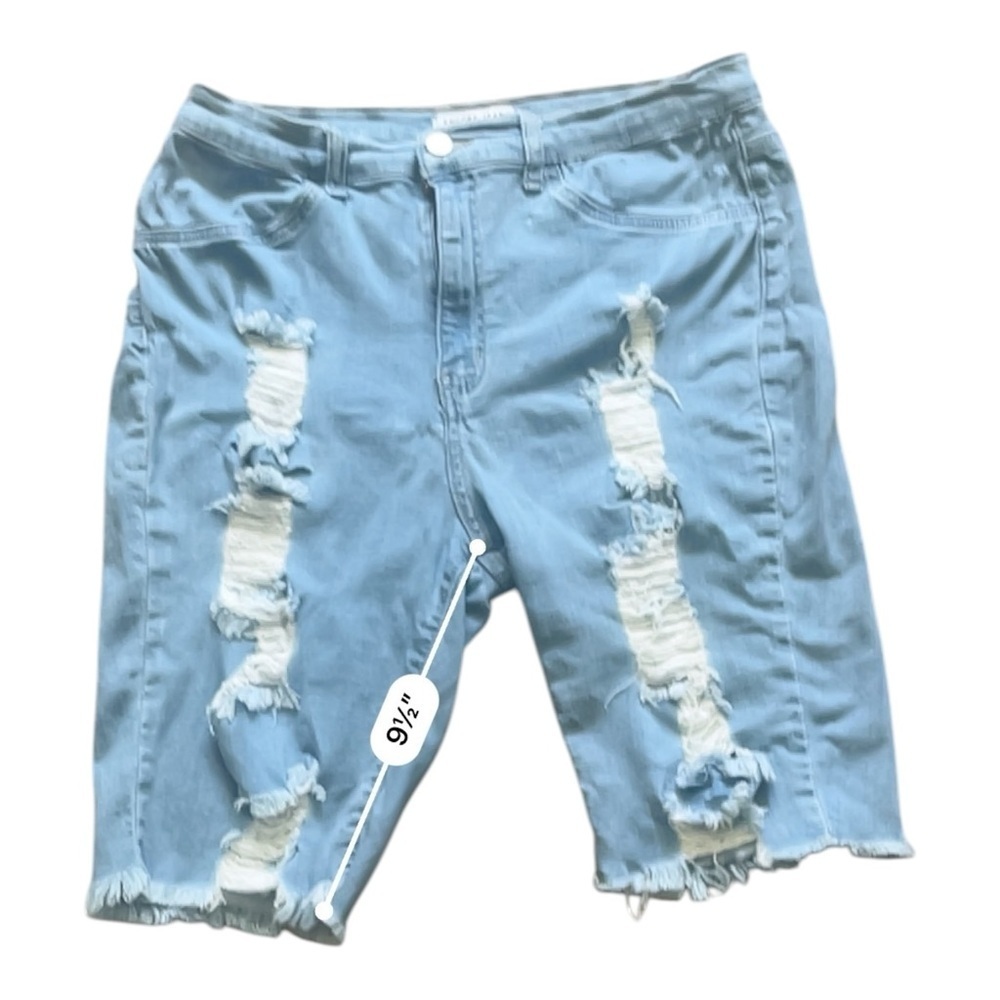 Encore Jeans denim light blue raw hem distressed shorts 1X ripped detail stretch - Picture 9 of 13